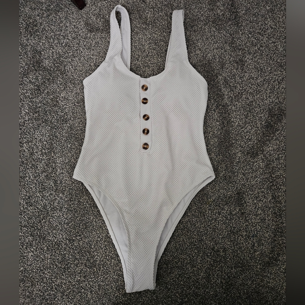 One Piece White Textured  Swimsuit XS